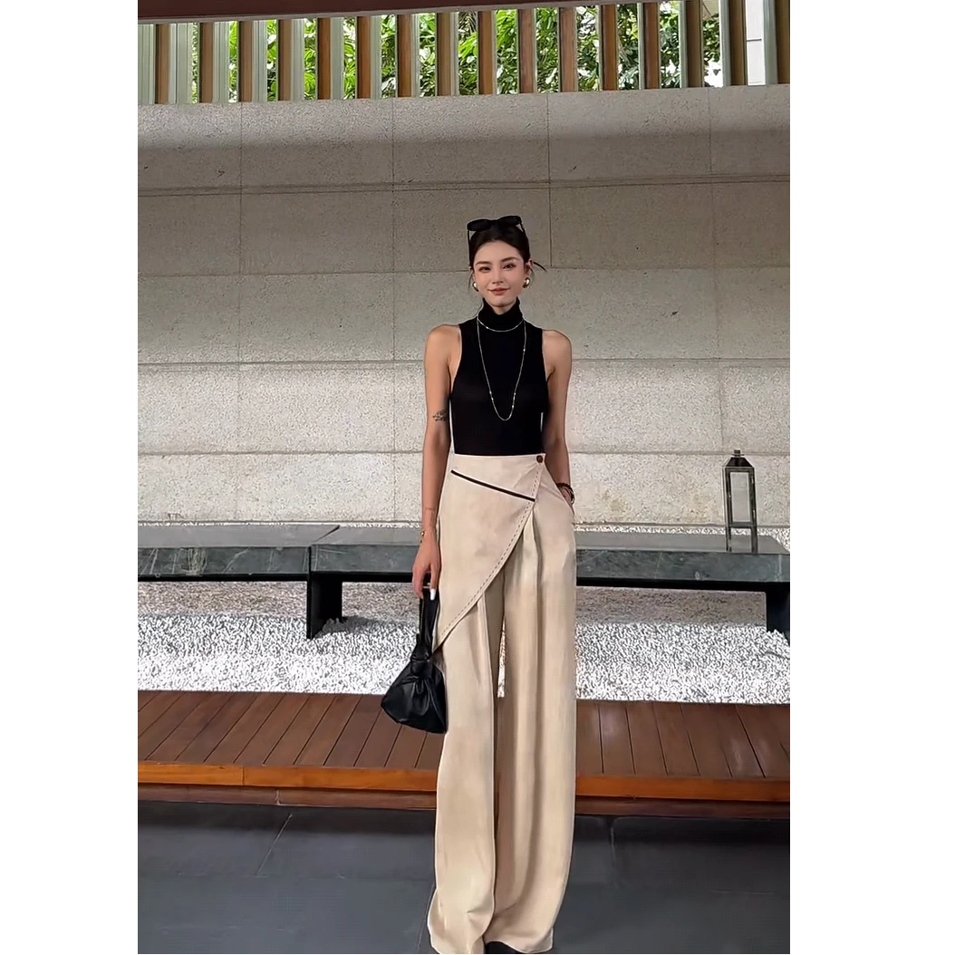 法式气质时尚设计感半高领修身上衣配高腰百搭宽松休闲阔腿裤套装