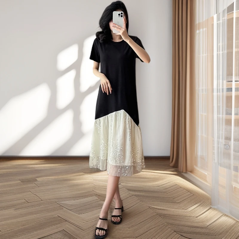 亮片装饰时尚宽松连衣裙子女夏季新款气质显瘦中长款大码打底恤裙