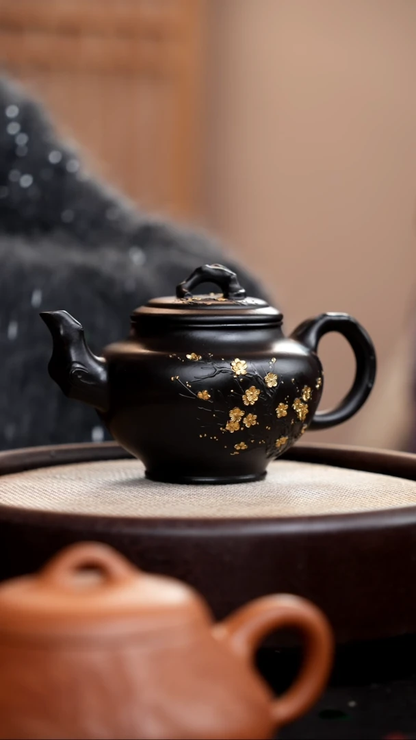 【闪购商品】紫砂茶壶捂灰朱泥描金梅花报春011