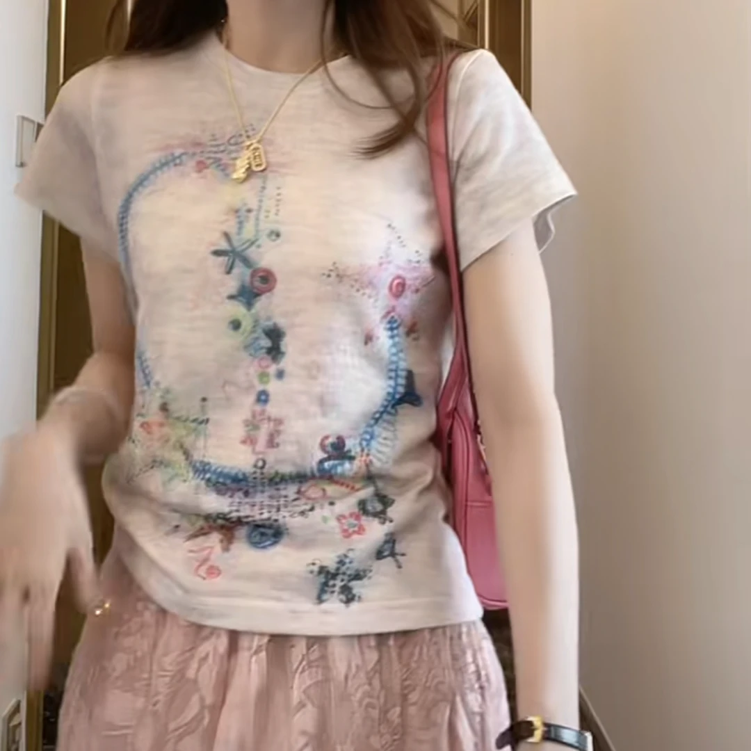 星星项链蝴蝶结音符彩纱T恤2025新款春夏时尚休闲洋气复古上衣