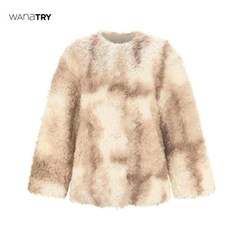 【自播专享】wana try 杏色琥珀海撞色毛绒圆领厚外套（冬季限定）