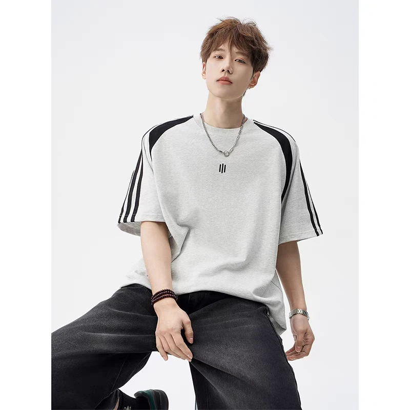 潮牌T恤男夏季重磅纯棉宽松休闲百搭短袖圆领上衣三条杠印花体恤