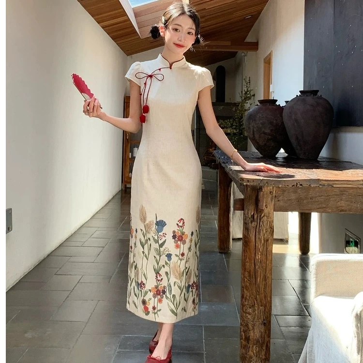 新中式印花旗袍女夏季气质修身显瘦短袖连衣裙改良A字旗袍裙