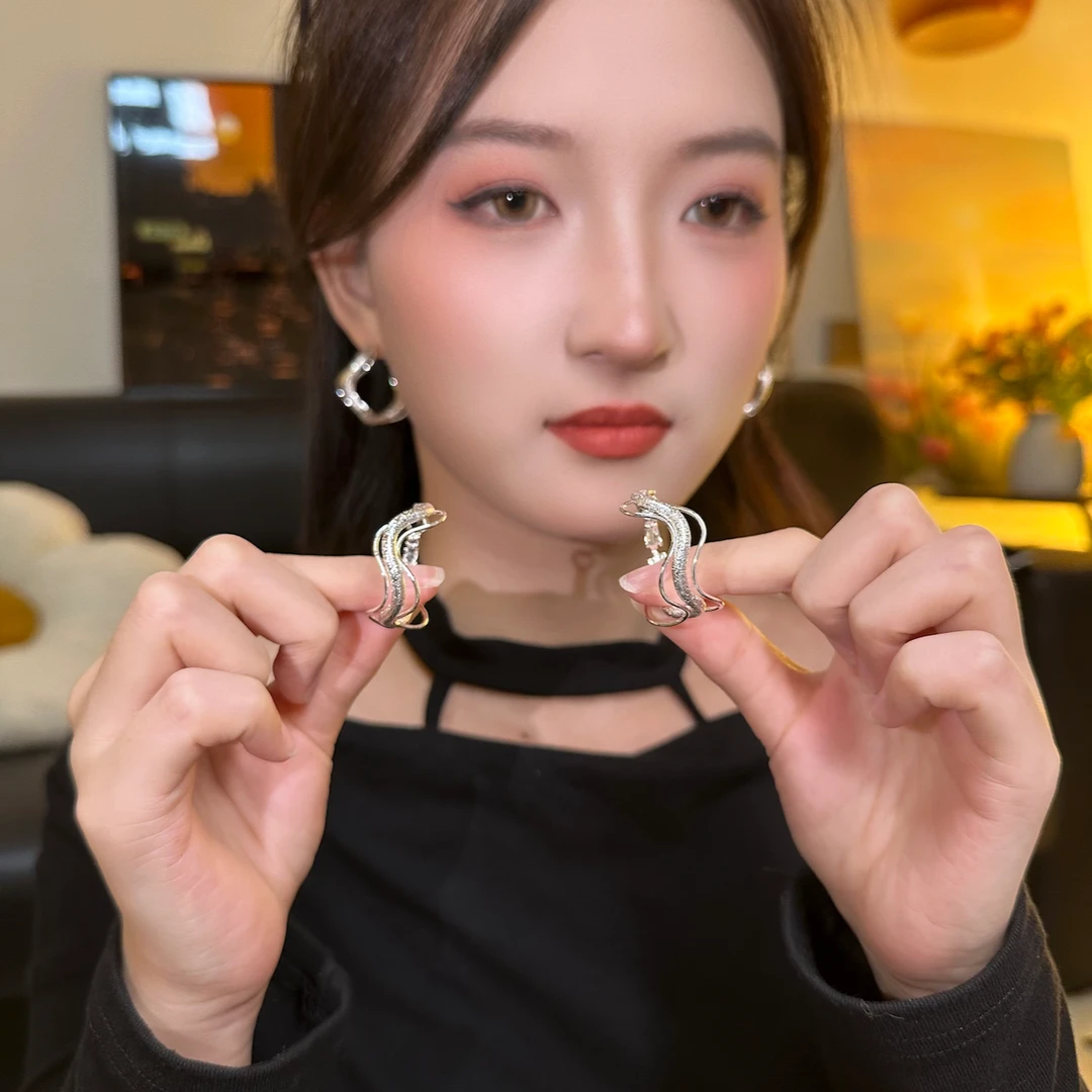 铜合金耳饰 银白磨砂波浪耳圈气质百搭耳饰女轻奢复古耳环