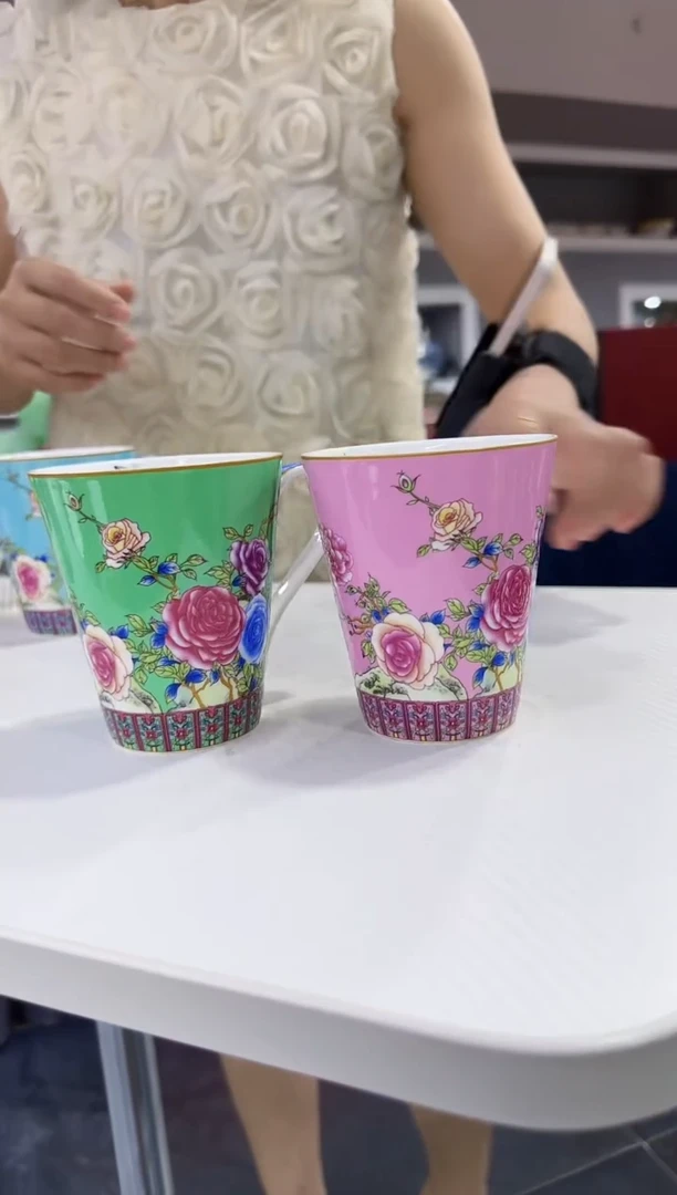 珐琅  牡丹花卉水杯2只装景德镇