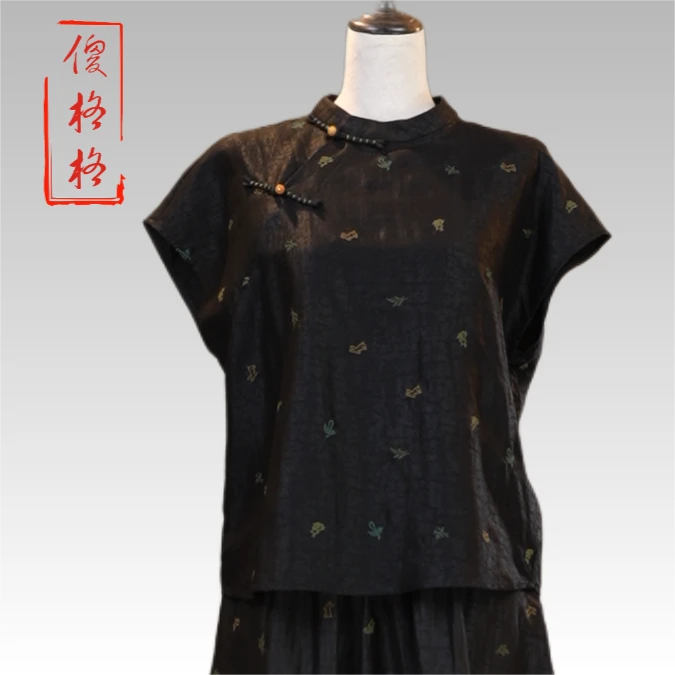 9903香云纱龟纹刺绣小上衣国风小立领短袖上衣