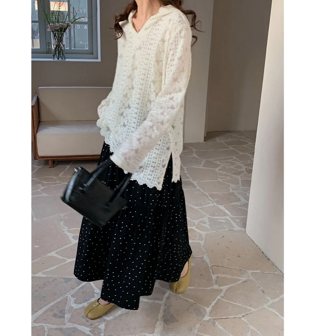 法式V领连帽花边蕾丝衫女春秋重工钩花针织衫高级感复古气质上衣