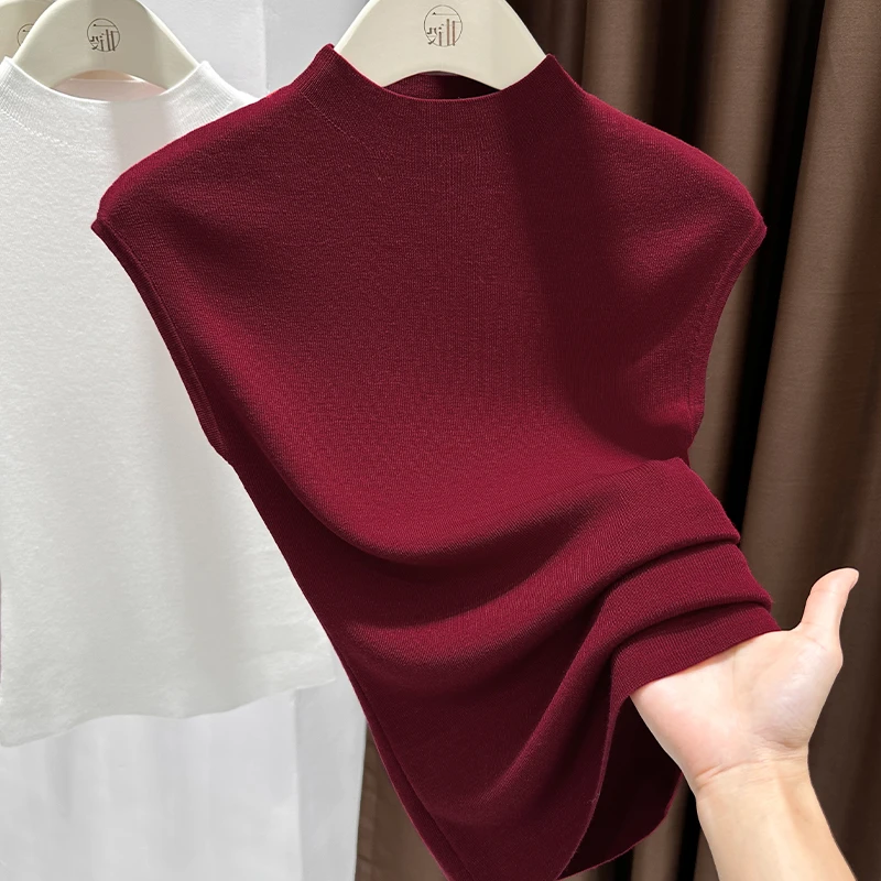 莱赛尔薄款粉色半高领小飞袖t恤2025夏季新款高级感小众显瘦上衣