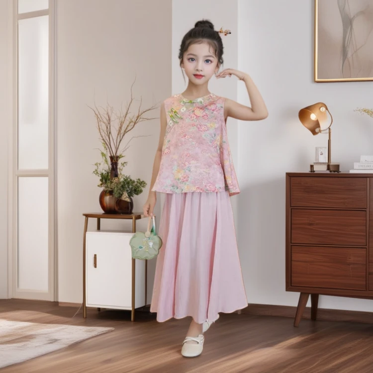 女童新中式国风刺绣盘扣上衣2025夏季新款中大童纯色阔腿裤两件套