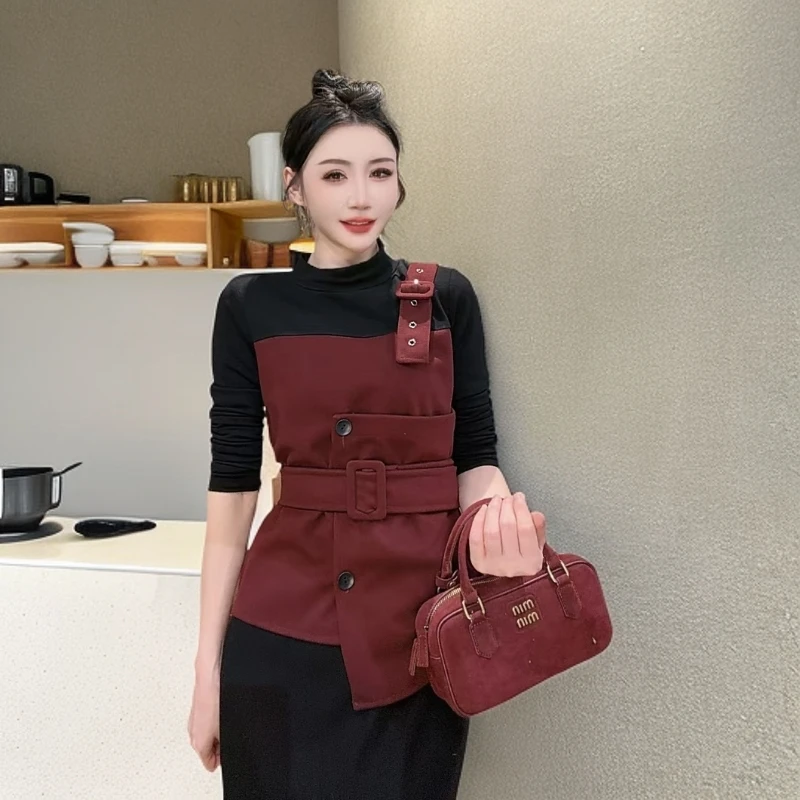 【美美专享】8935新款港风复古撞色假两件拼接带腰带T恤上衣女