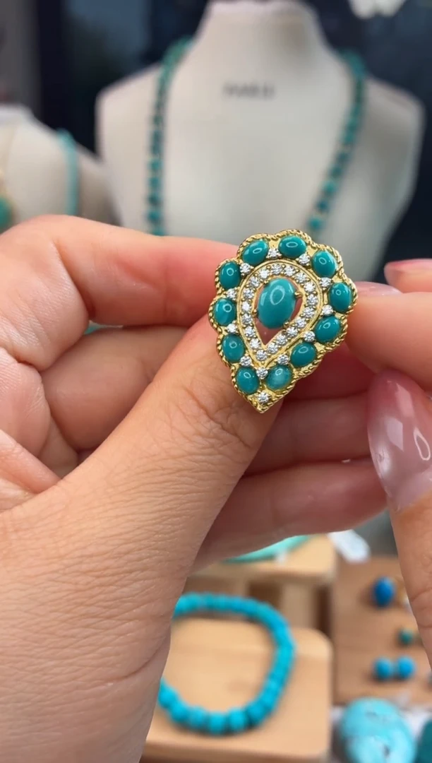 银S925镀金镶嵌绿松石戒指1