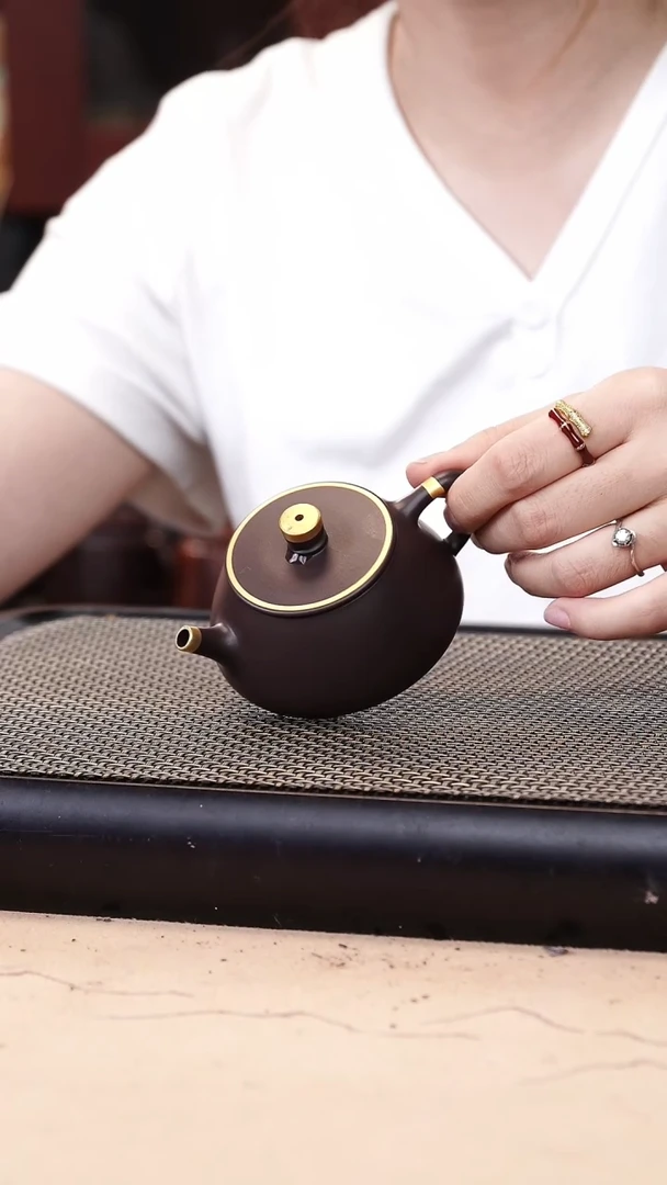茶壶紫砂四号井茄皮紫泥描金平盖石瓢120cc