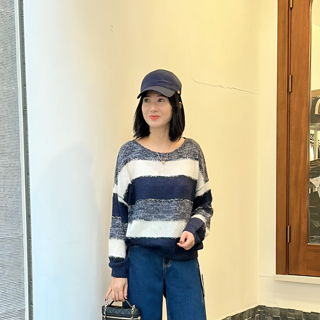 原创马海毛横条纹金线夹条羊毛衫#宽松圆领长袖休闲