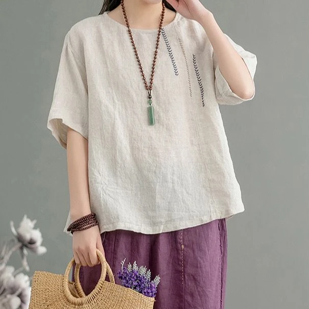 【退换包邮】文艺棉麻刺绣t恤女夏季大码宽松简约短袖上衣Y01