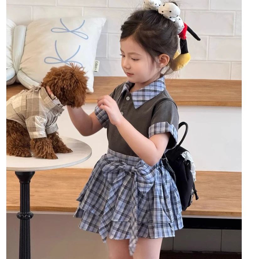 女童套装夏季2025新款女宝宝格纹短袖衬衫上衣蝴蝶结层次短裙套装