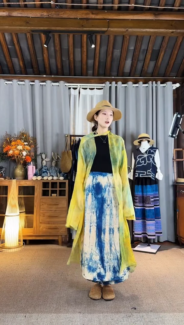 设计师款花果染飘带长衫