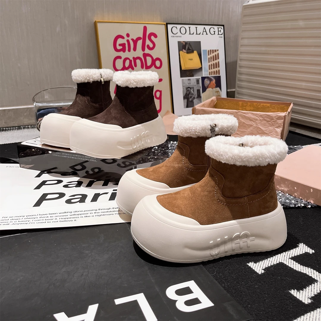 【余】欧洲站大头毛毛鞋厚底松糕加绒雪地棉靴面包鞋小个子女鞋