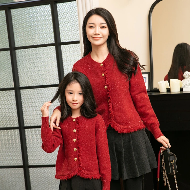 小香风红色毛衣亲子装秋冬新款母女装洋气圆领开衫针织衫加厚长袖