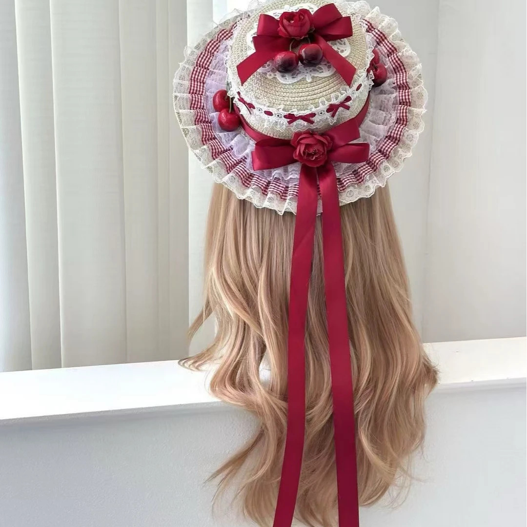 原创洛丽塔Lolita樱桃熟了可爱森系田园风夏野餐遮阳透气女成人帽