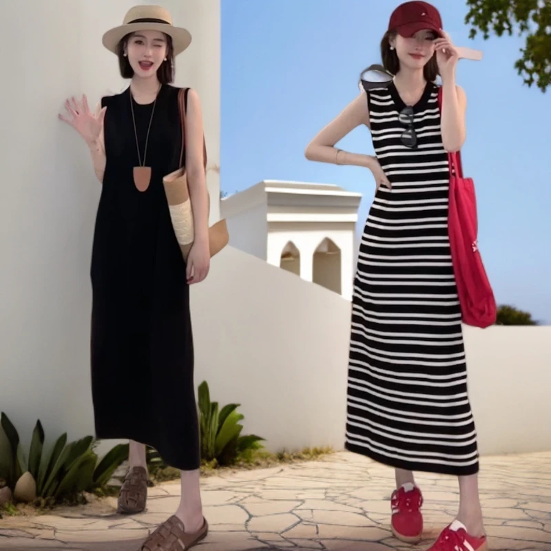 法式条纹连衣裙女2025夏季新款修身显瘦气质无袖直筒针织连衣裙
