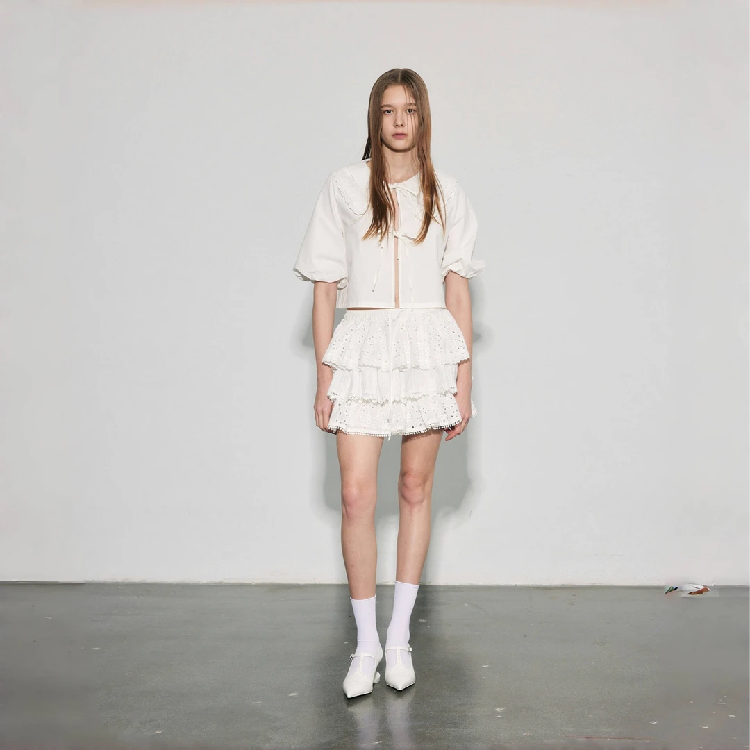 TTXCC蕾丝叠饰百褶半裙