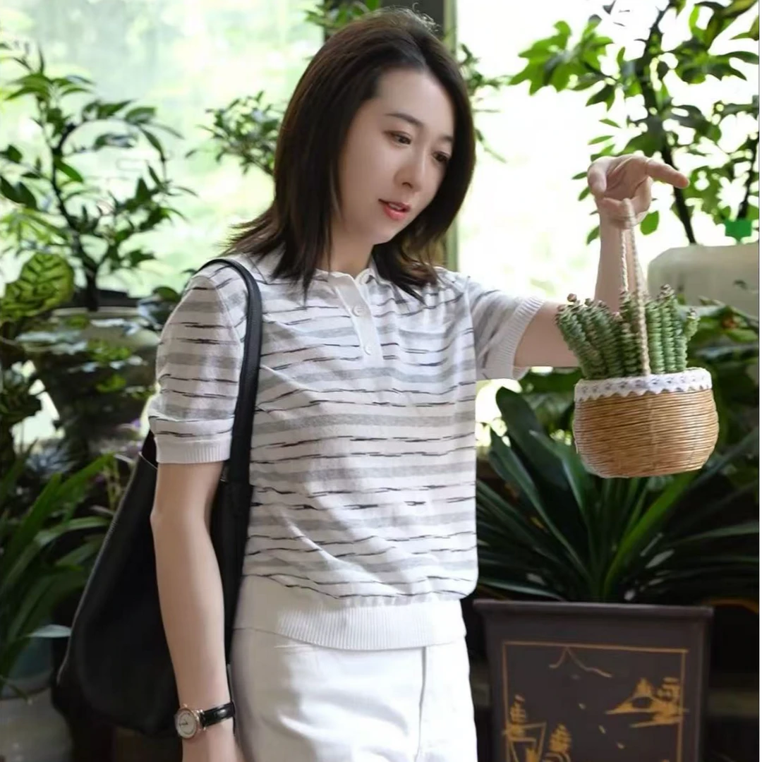RuJia  012 【元气夏日】百搭条纹显瘦 亚麻针织女士 POLO衫
