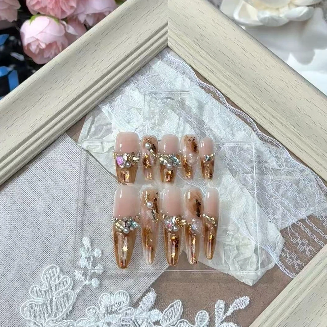 焦糖梦影-美拉德琥珀晕染豹纹设计款-秋冬手工美甲高级感