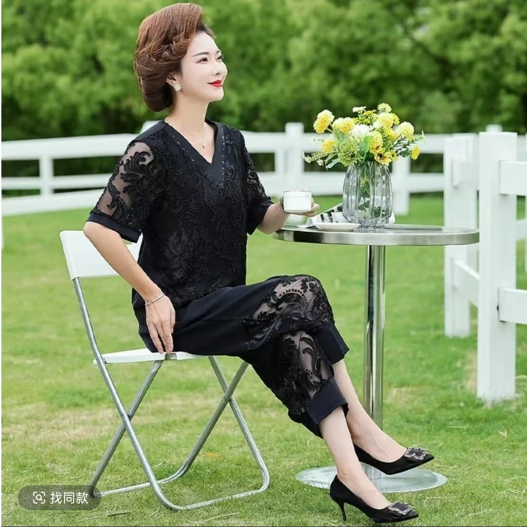 701-时尚中老年女装宽松型t百搭长裤套装