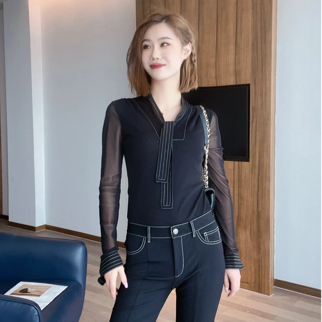 GIRDEAR哥弟 纯色气质线条丝网纱显瘦衬衫1300841