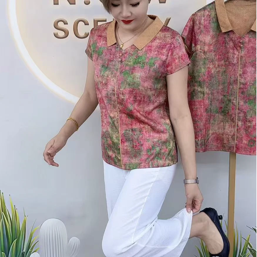 夏季米色娃娃翻领妈妈衫上档次中老年女装减龄妈妈风妈妈装时尚