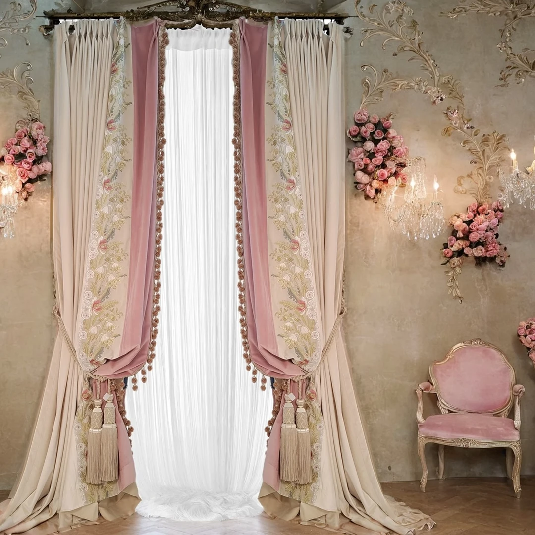 欧式窗帘粉色高档奢华卧室别墅刺绣公主风美式轻奢高端宫廷风法式