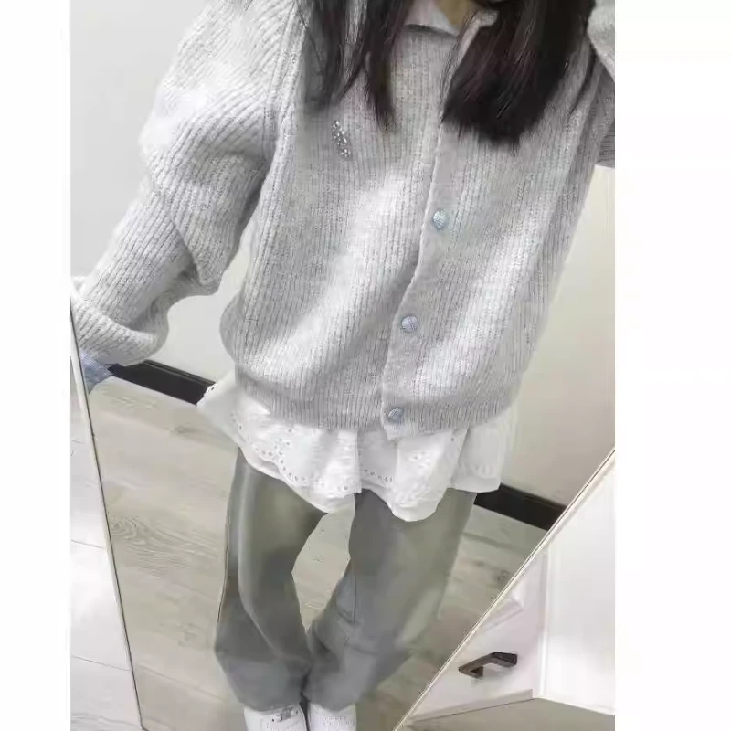 韩系灰色翻领软糯格子长袖针织开衫女早秋季慵懒风氛围感毛衣外套