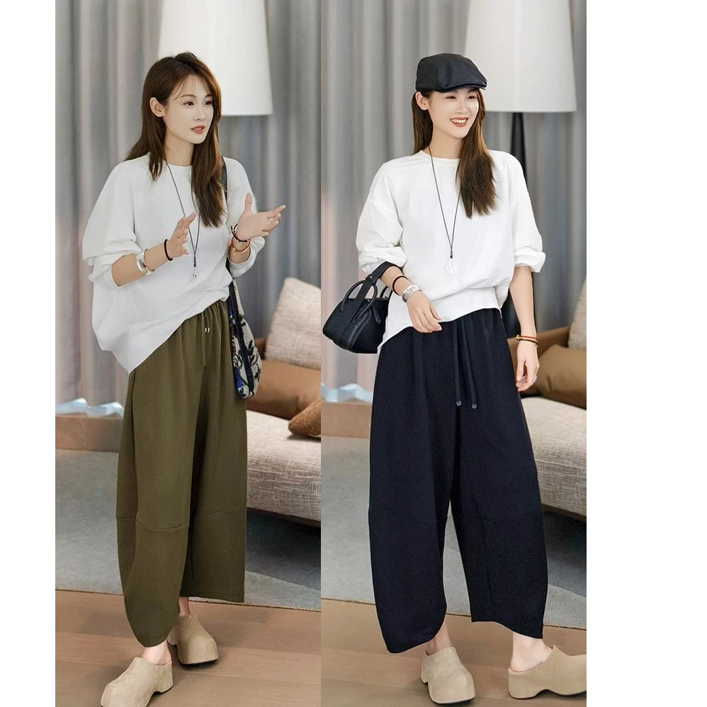 美洋MEIYANG 弯月休闲裤砂洗空气层懒人松紧腰百搭八九分弯刀裤S