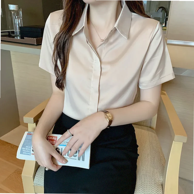 女款夏装短袖白色衬衫职业装缎面洋气韩版宽松上衣女百搭气质