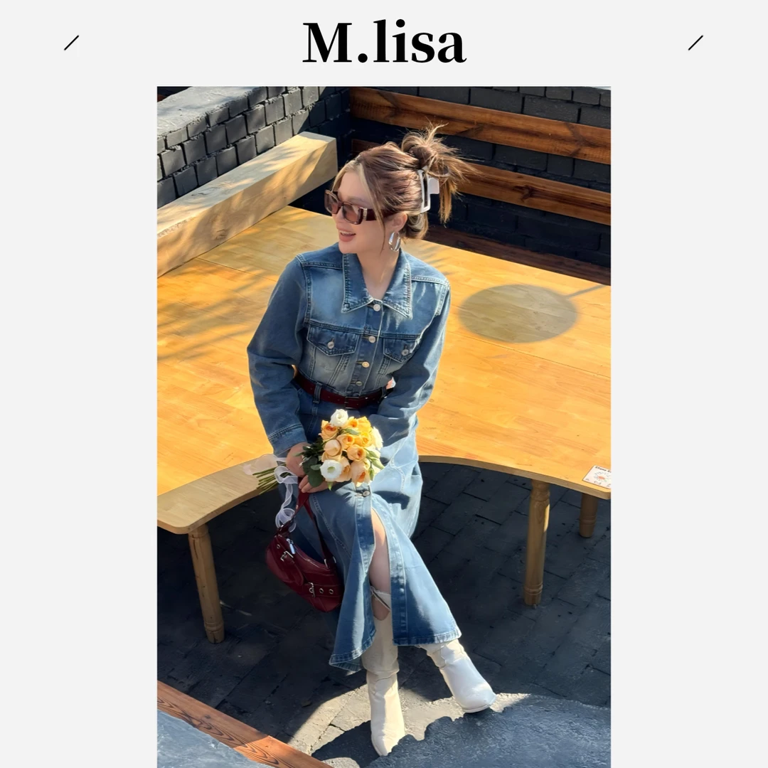 M.lisa秋冬韩系复古长款收腰显瘦牛仔连衣裙+复古腰带
