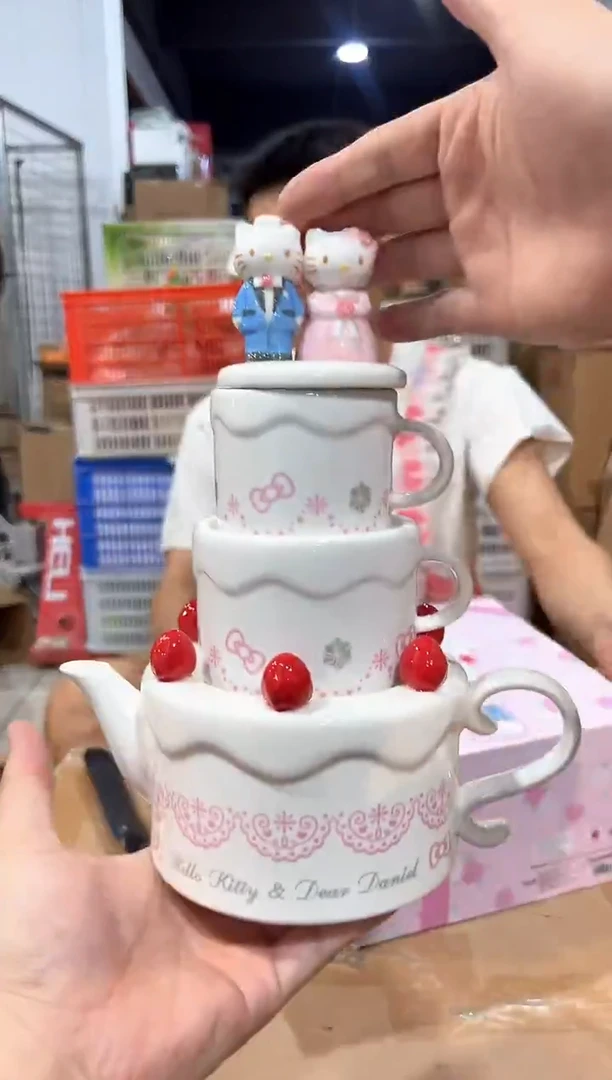 瓷片原盒结婚kt猫蛋糕茶壶