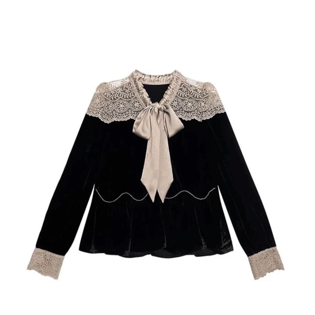 【蕾丝拼接】25新款法式蝴蝶结女士蕾丝拼接高端丝绒打底衣 9632