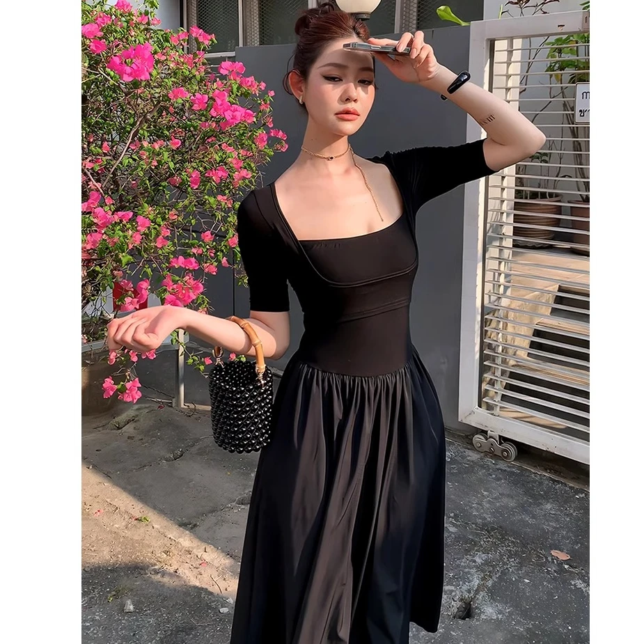 气质收腰感方领连衣裙女夏季黑色修身显瘦赫本风法式小黑裙长裙子