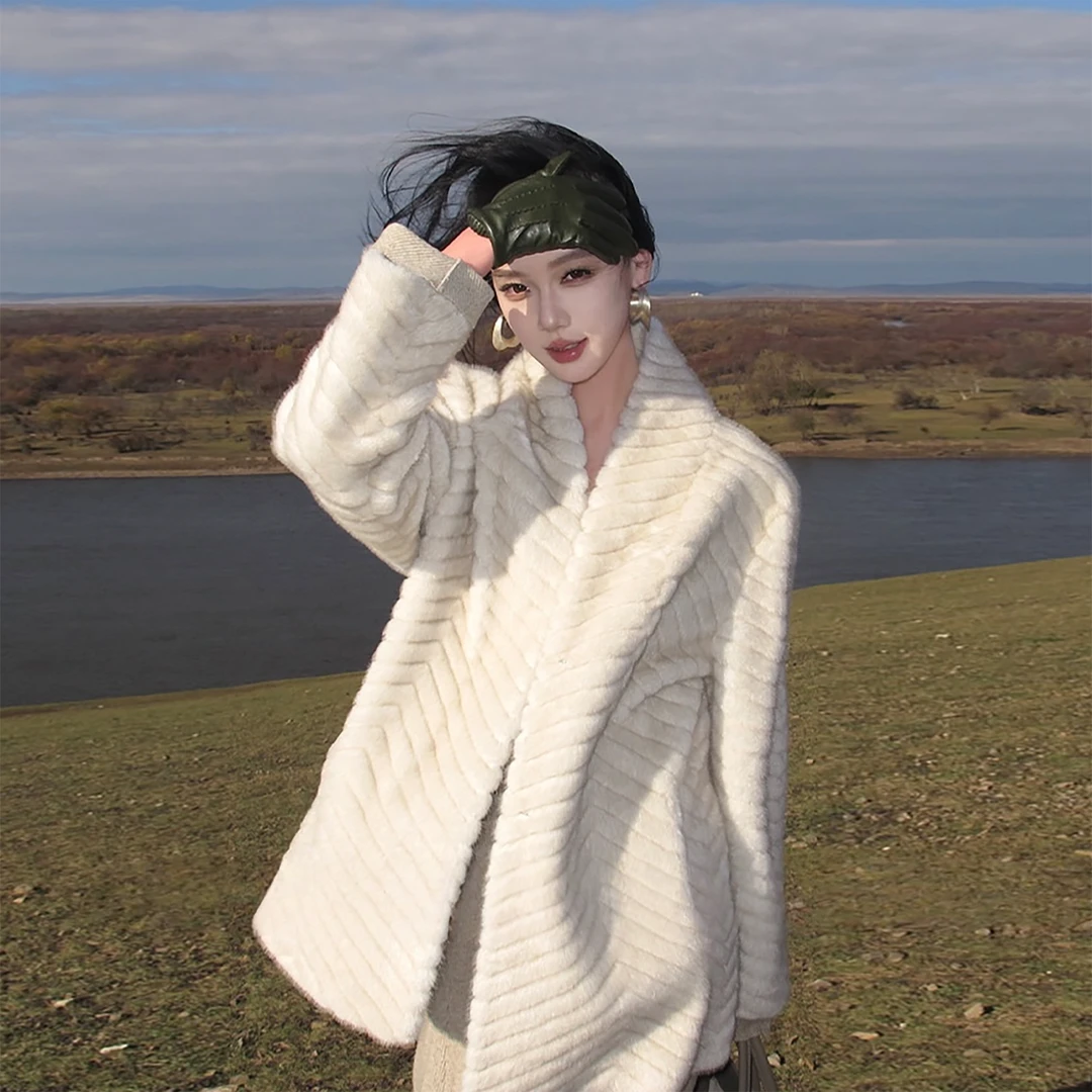 人造皮草 冬季毛毛外套2025新款中长款条纹环保皮草加厚保暖显瘦