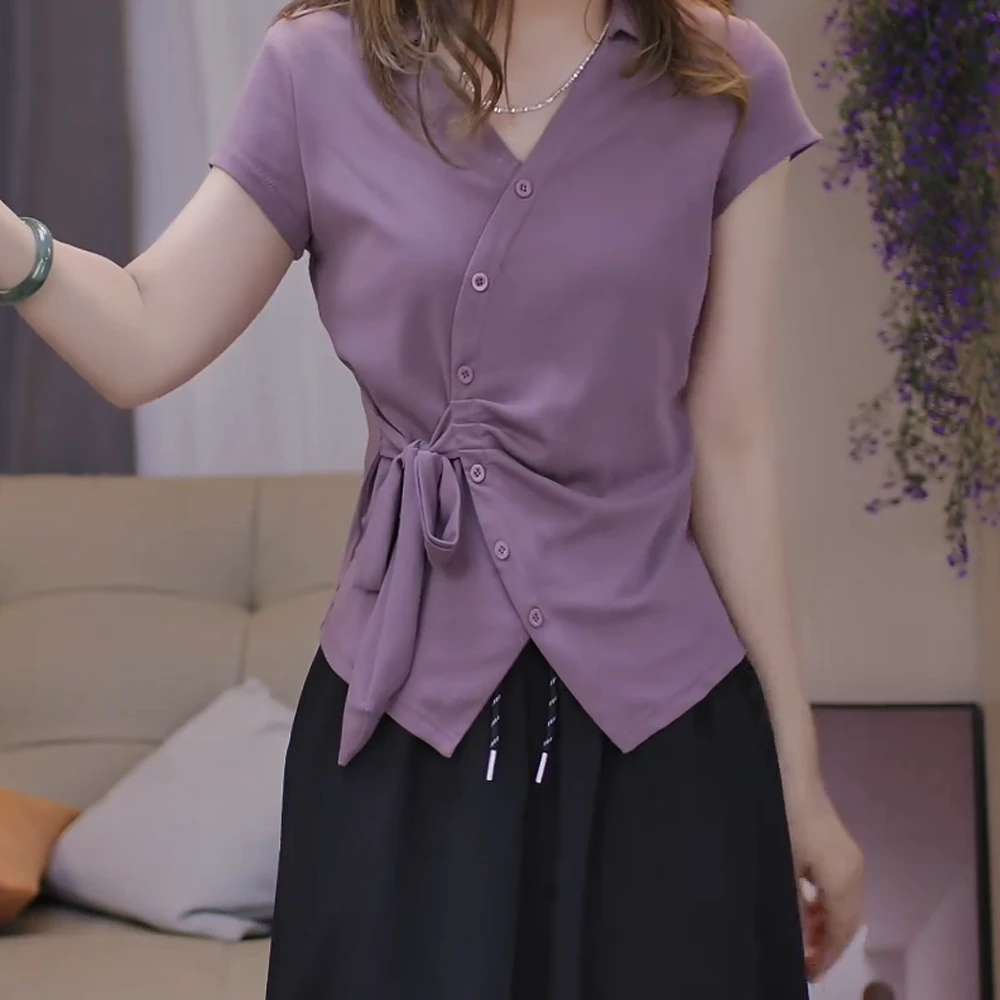 法式设计感显瘦V领短款T恤上衣女2025夏季新款收腰显瘦短袖上衣