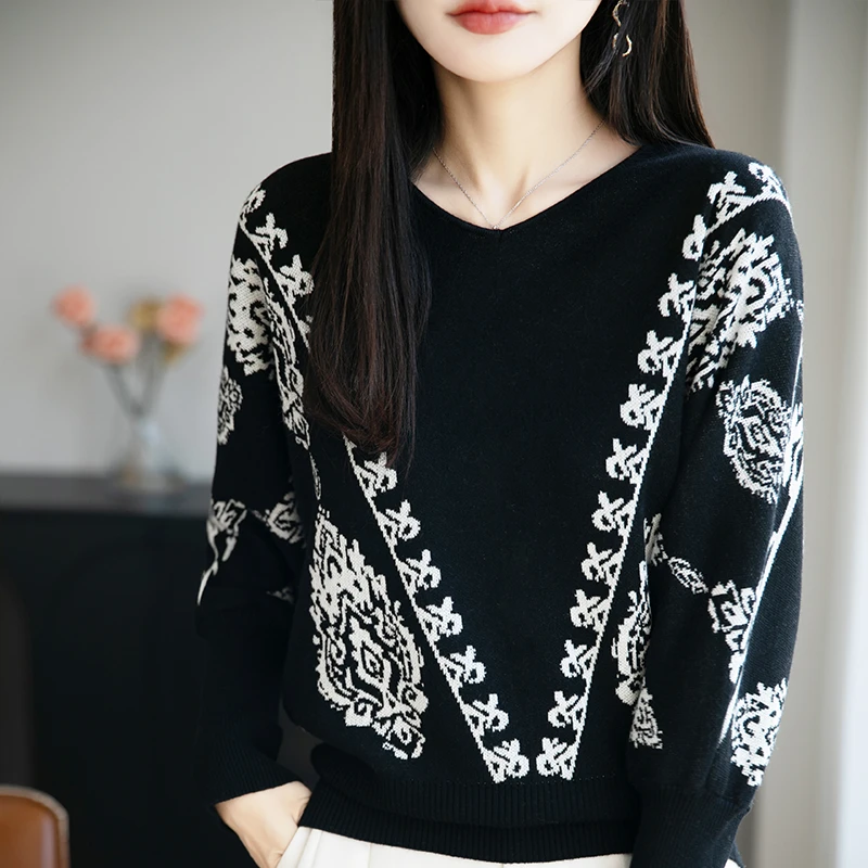 哥弟阿玛施正品秋季新款撞色圆领提花长袖针织衫时尚休闲百搭上衣