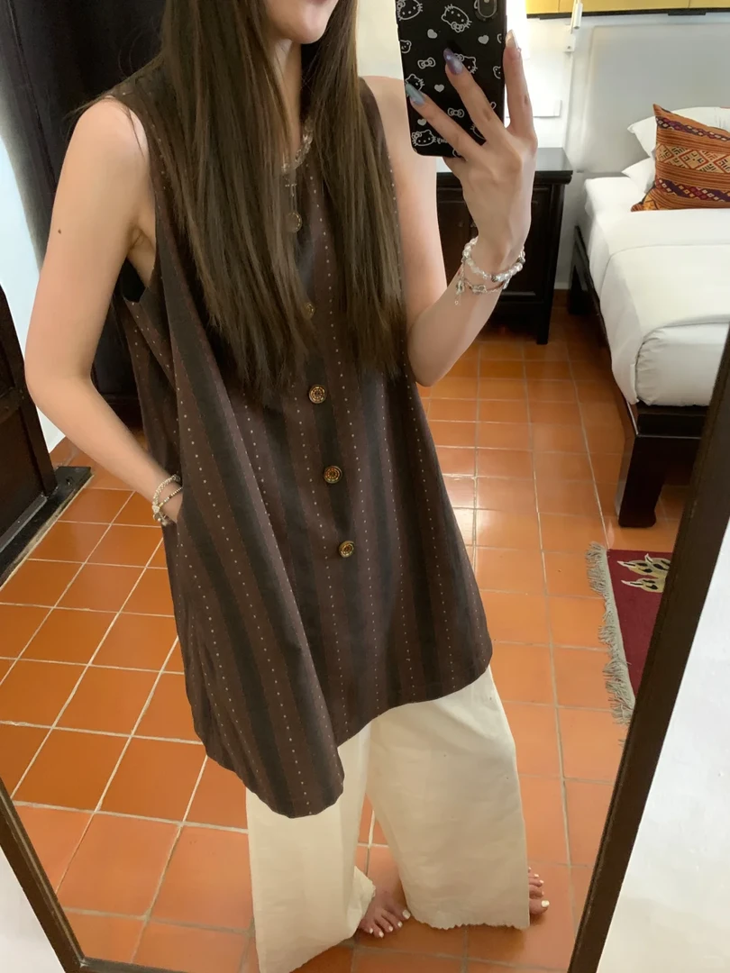 美拉德条纹吊带短裙A字裙夏季无袖连衣裙单肩洋气显瘦洋气衣服女