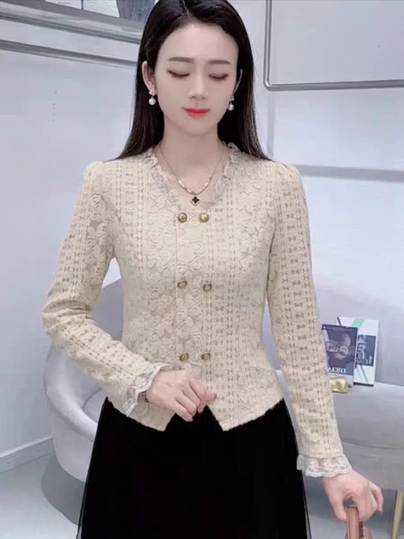 【有运费险】2025秋季网红显瘦小香风上衣气质蕾丝衫紫色女修身小衫