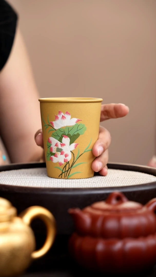 茶壶紫砂黄金段可乐杯泥绘荷花