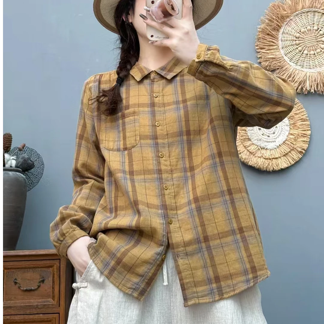 2025春季秋款棉纱格纹衬衫女休闲百搭柔软上衣8617