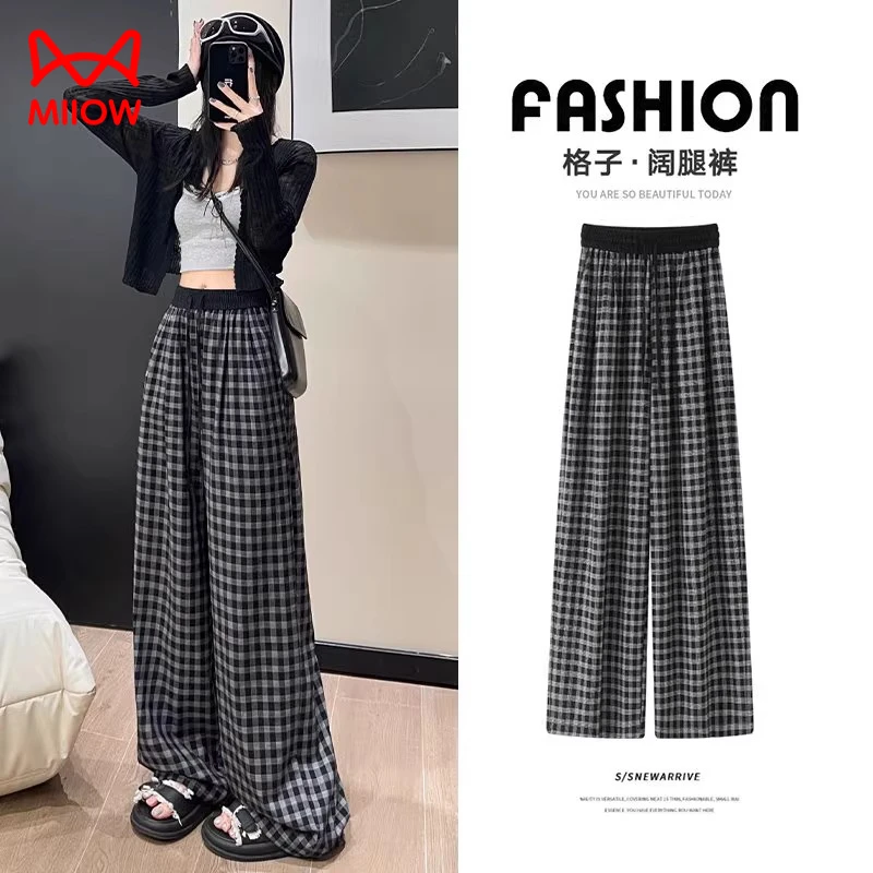 猫人格子阔腿裤女2025新款夏季薄款小个子直筒宽松窄版休闲慵懒风