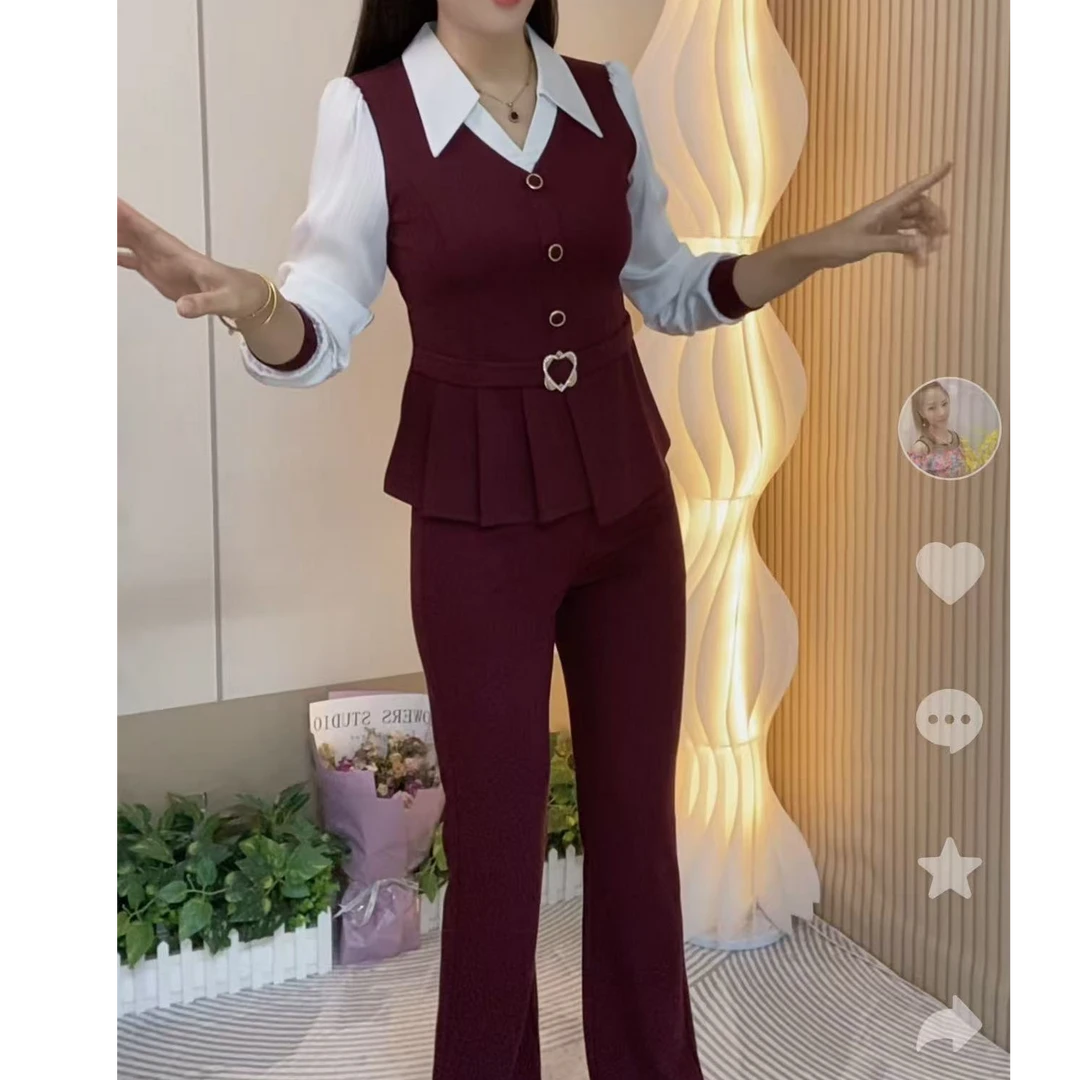 《金美推荐》 2025秋季新款时尚轻奢气质高雅修身显瘦微喇裤套装