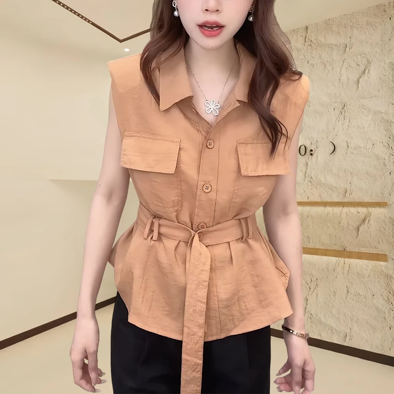 设计感时尚收腰显瘦坎肩袖衬衫女2025夏季新款纯色百搭腰带款上衣