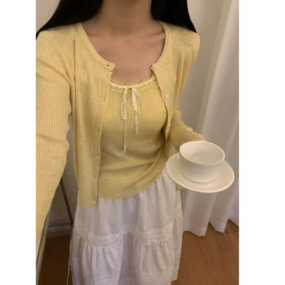 春慵懒风少女氛围感针织开衫套装上衣纯欲风蕾丝蝴蝶结拼接H6-35