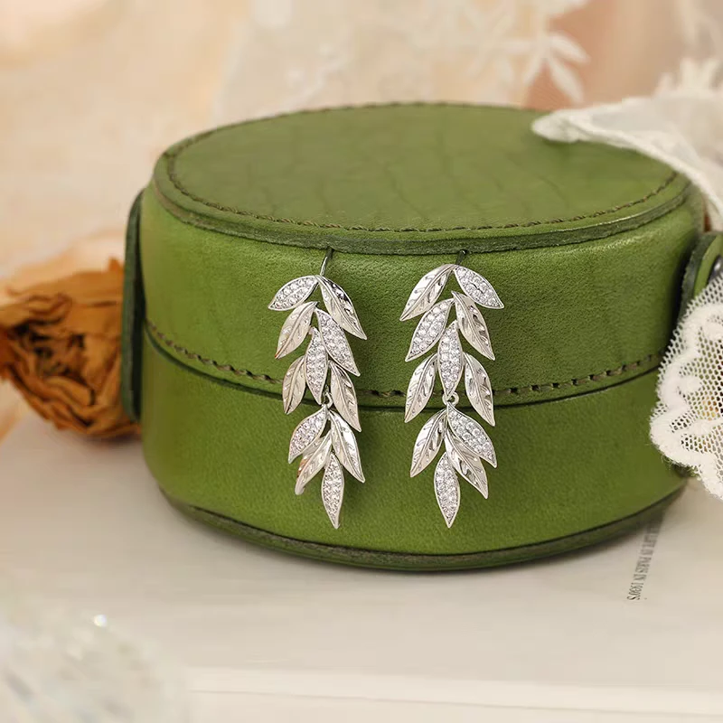 铜合金合成锆石耳饰 [脉脉深情]麦穗耳钉 轻奢显脸小叶子流苏耳饰